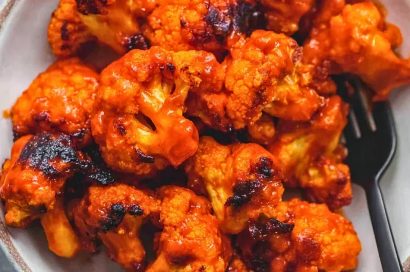 Plate of easy Buffalo Cauliflower with spicy sauce and fresh vegetables