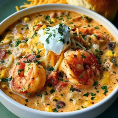 Bowl of creamy seafood chili with shrimp and fresh herbs