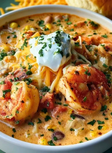 Bowl of creamy seafood chili with shrimp and fresh herbs