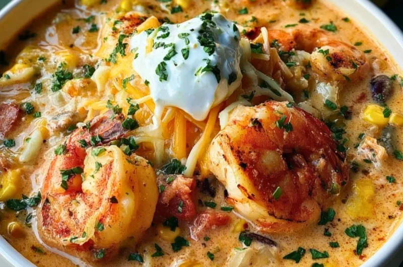 Bowl of creamy seafood chili with shrimp and fresh herbs