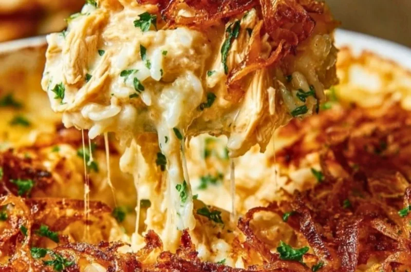 Plate of French Onion Chicken Rice garnished with herbs