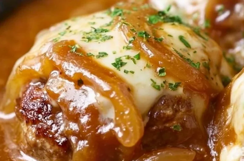 Plate of French Onion Salisbury Steak topped with melted cheese and caramelized onions