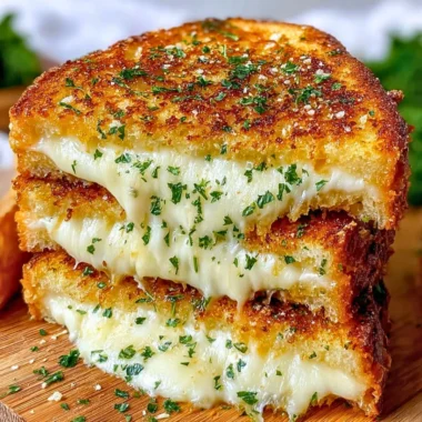 Melted cheese between garlic bread slices, perfect for a cozy meal.