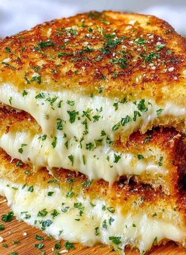 Melted cheese between garlic bread slices, perfect for a cozy meal.