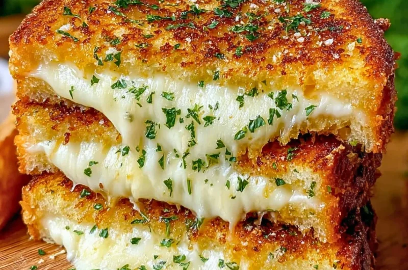 Melted cheese between garlic bread slices, perfect for a cozy meal.