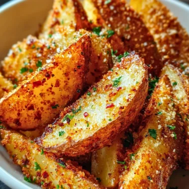 Crispy garlic parmesan potato wedges served on a plate with herbs