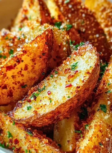 Crispy garlic parmesan potato wedges served on a plate with herbs
