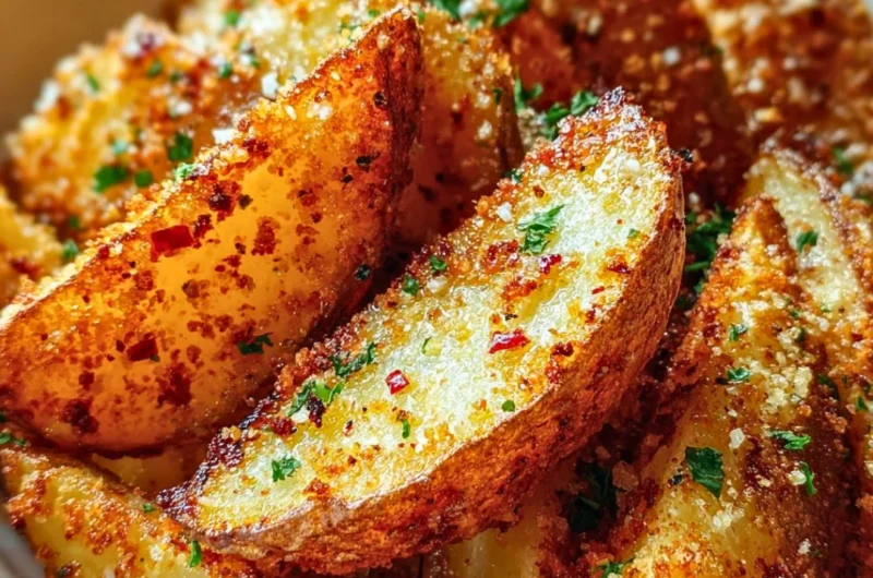 Crispy garlic parmesan potato wedges served on a plate with herbs