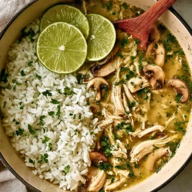 Bowl of Ginger Lime Chicken Soup with mushrooms and cilantro rice, garnished with lime.