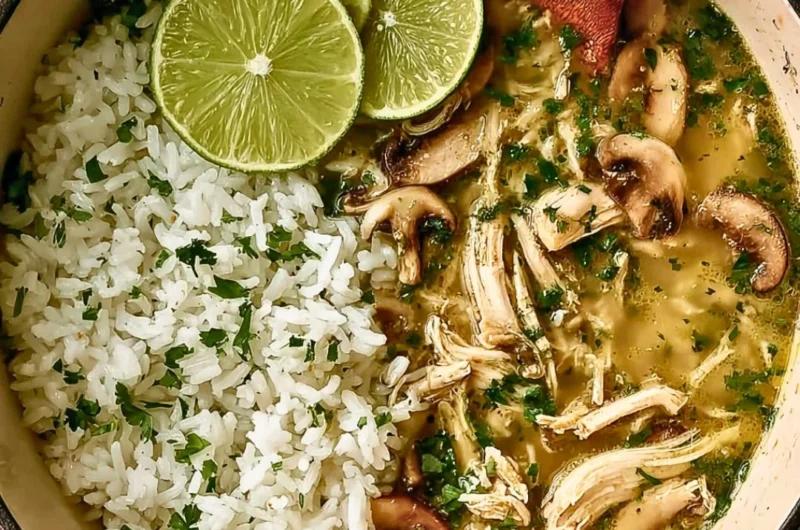 Bowl of Ginger Lime Chicken Soup with mushrooms and cilantro rice, garnished with lime.