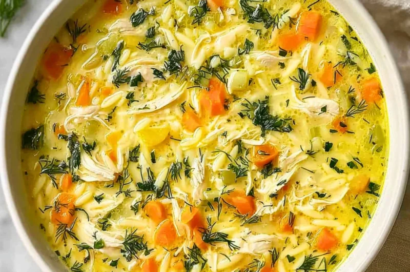 Bowl of Greek Lemon Chicken Soup garnished with fresh herbs and lemon wedges.