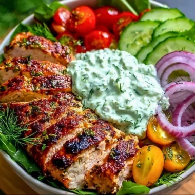 Grilled Chicken Tzatziki Power Bowl with fresh vegetables and yogurt sauce