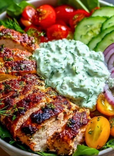 Grilled Chicken Tzatziki Power Bowl with fresh vegetables and yogurt sauce