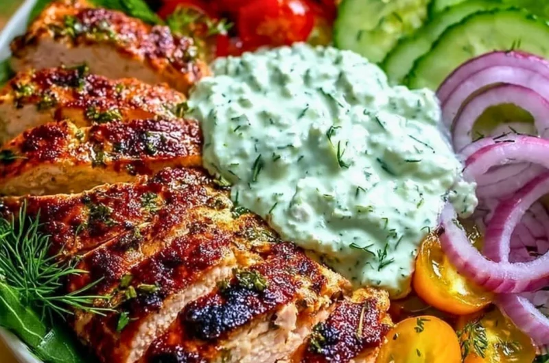 Grilled Chicken Tzatziki Power Bowl with fresh vegetables and yogurt sauce