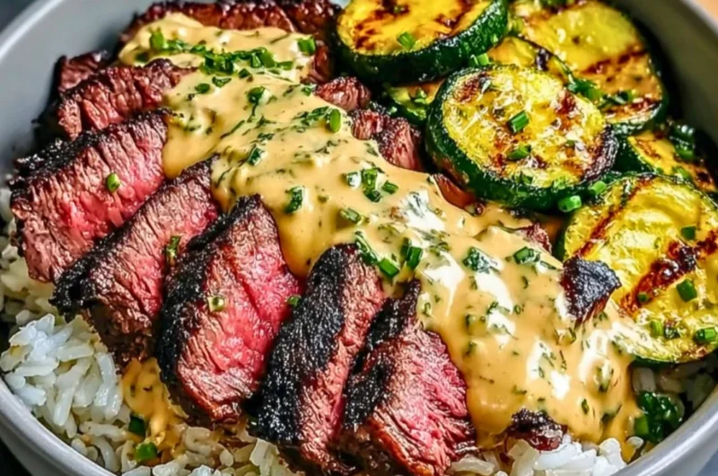 Delicious grilled steak bowl topped with sauce and grilled zucchini on a plate