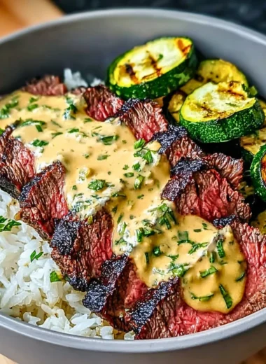 Grilled Steak Bowl with sauce and grilled zucchini on a plate