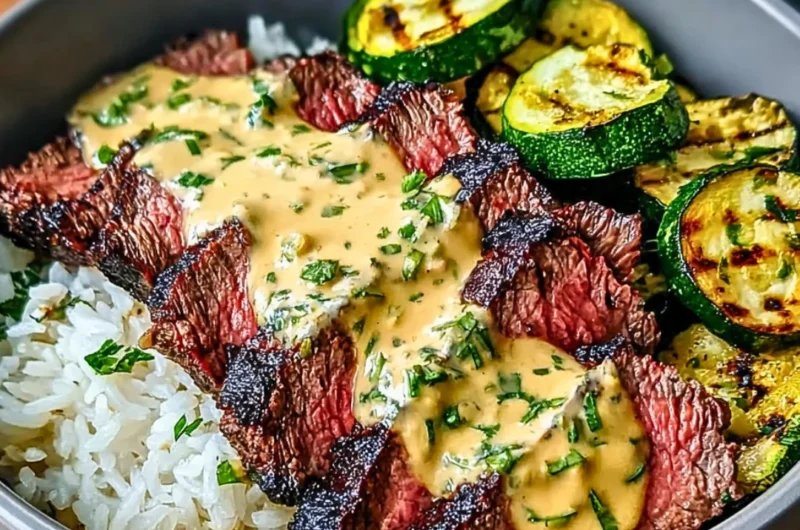 Grilled Steak Bowl with sauce and grilled zucchini on a plate