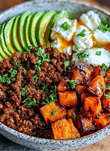 Delicious Ground Beef Hot Honey Bowl served with garnishes.