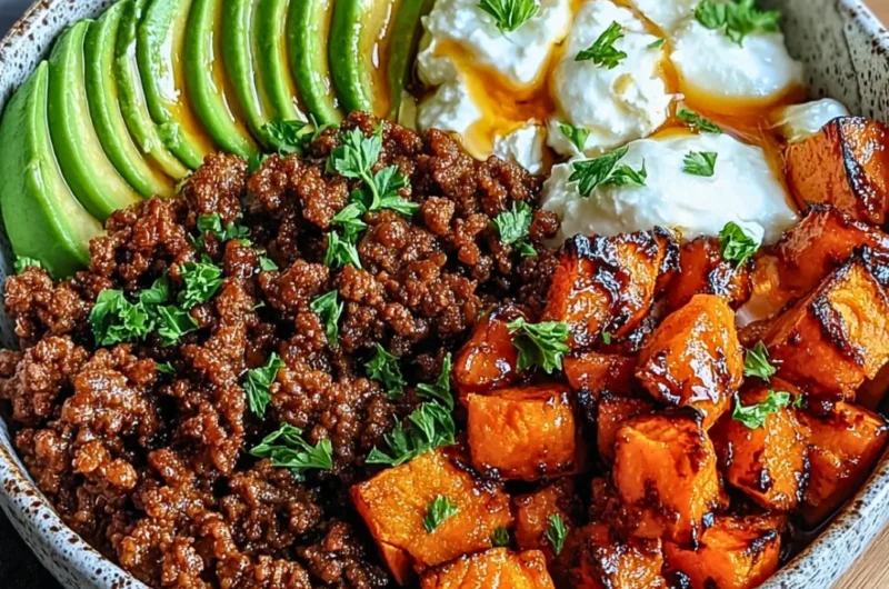 Delicious Ground Beef Hot Honey Bowl served with garnishes.