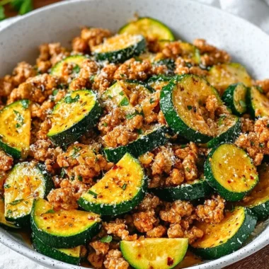 Ground turkey and zucchini skillet recipe served in a skillet with fresh herbs.