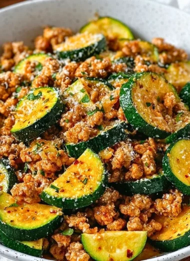 Ground turkey and zucchini skillet recipe served in a skillet with fresh herbs.