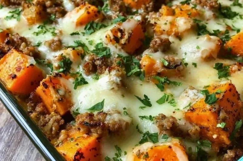 Delicious Ground Turkey Sweet Potato Bake topped with fresh herbs and spices