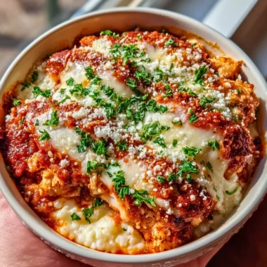 High protein chicken parm cottage cheese bowl topped with fresh herbs.