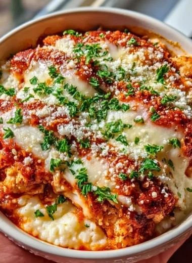 High protein chicken parm cottage cheese bowl topped with fresh herbs.