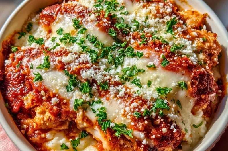 High protein chicken parm cottage cheese bowl topped with fresh herbs.