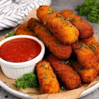 Plate of homemade mozzarella sticks ready to be enjoyed as a snack or appetizer.