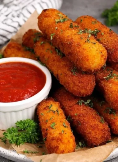 Plate of homemade mozzarella sticks ready to be enjoyed as a snack or appetizer.
