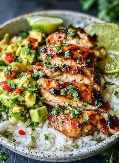 Delicious Honey Lime Chicken Avocado dish garnished with lime and avocado slices