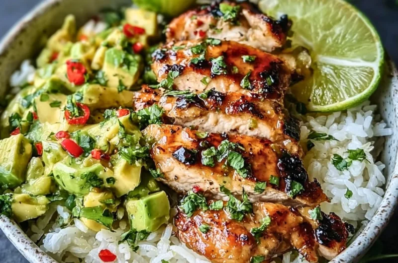 Delicious Honey Lime Chicken Avocado dish garnished with lime and avocado slices