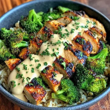 Grilled chicken and broccoli bowls with creamy garlic sauce