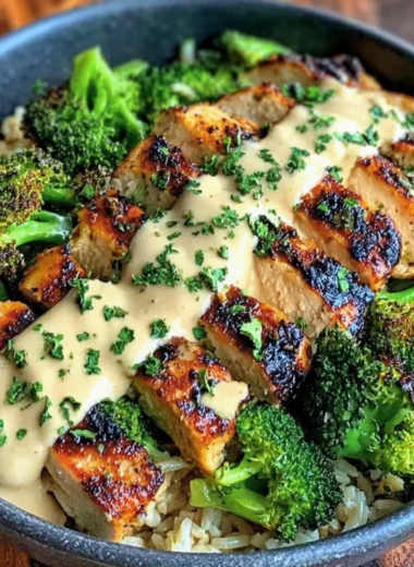 Grilled chicken and broccoli bowls with creamy garlic sauce