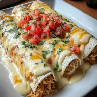Delicious queso chicken enchiladas topped with melted cheese and served on a plate.