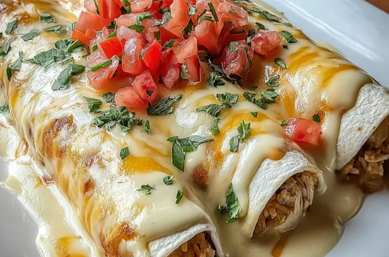 Delicious queso chicken enchiladas topped with melted cheese and served on a plate.