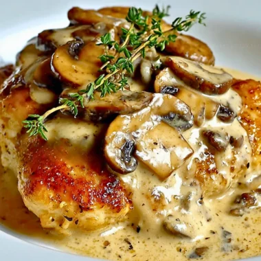 Creamy mushroom asiago chicken served on a plate, garnished and ready to enjoy.