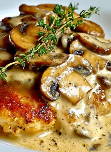 Creamy mushroom asiago chicken served on a plate, garnished and ready to enjoy.