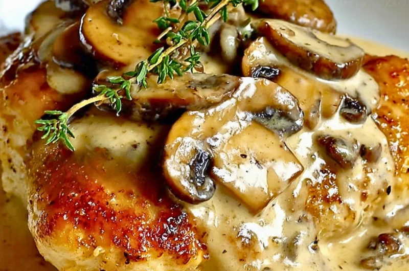 Creamy mushroom asiago chicken served on a plate, garnished and ready to enjoy.