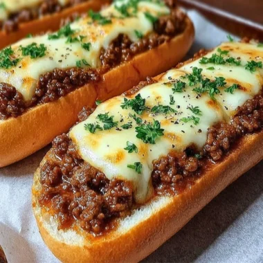 Italian Garlic Bread Sloppy Joes served on a plate with herbs and garnish.