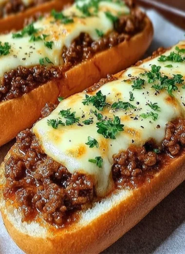 Italian Garlic Bread Sloppy Joes served on a plate with herbs and garnish.