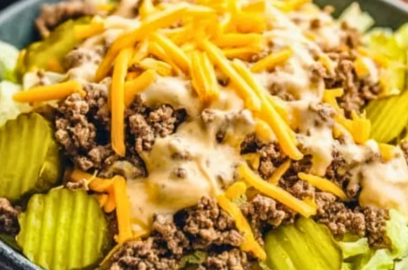 Keto Big Mac Salad topped with lettuce, cheese, and special sauce