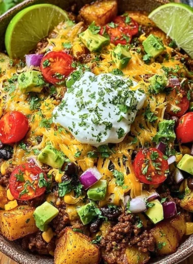 A delicious loaded potato taco bowl with toppings and vibrant colors.