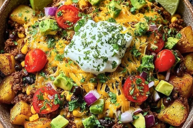 A delicious loaded potato taco bowl with toppings and vibrant colors.