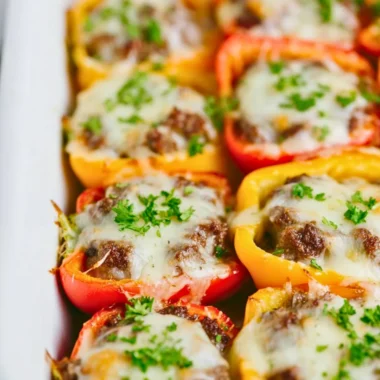 Keto cheeseburger stuffed peppers baked to perfection and topped with cheese.