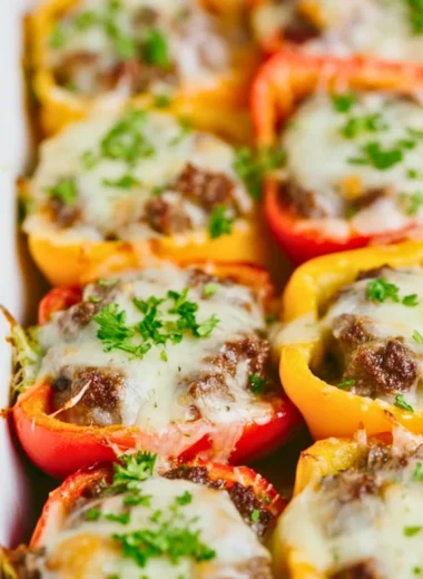 Keto cheeseburger stuffed peppers baked to perfection and topped with cheese.