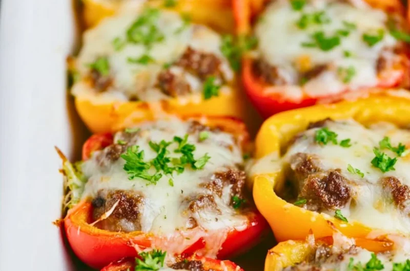 Keto cheeseburger stuffed peppers baked to perfection and topped with cheese.