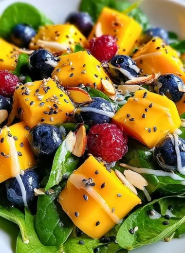 Colorful mango salad with fresh ingredients and vibrant dressing