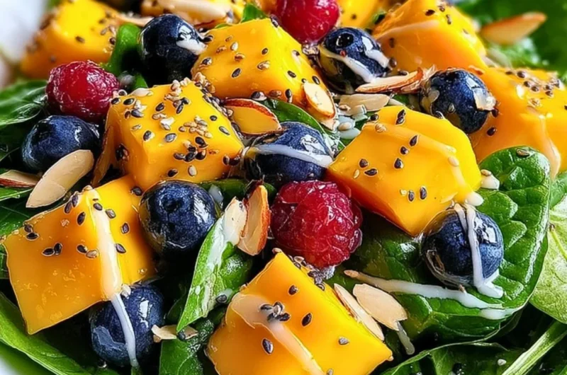 Colorful mango salad with fresh ingredients and vibrant dressing